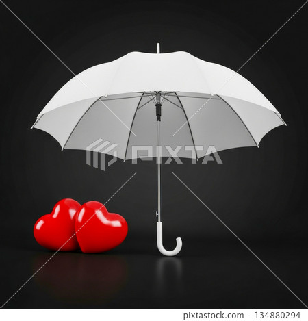 White umbrella protecting red hearts symbol of love care safety and Valentine Day romance on dark background 134880294