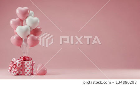 Valentine gift box with heart balloons on pink background romantic celebration concept with copy space Valentine gift box with heart balloons on pink background romantic celebration concept with copy space 134880298