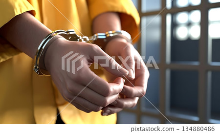 Symbolic image of prisoner in handcuffs behind jail bars Symbolic image of prisoner in handcuffs behind jail bars 134880486