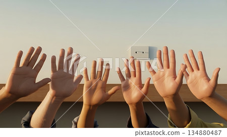 Teamwork and unity shown by diverse group raising hands 134880487