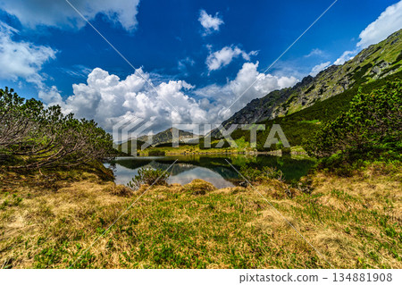 Crystal clear alpine lake with mountain reflections in High Tatras 134881908