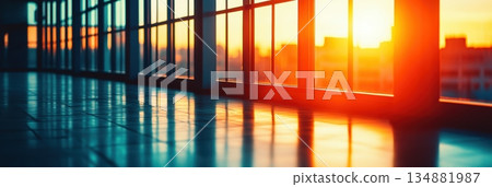 Sunset light casts warm glow in a modern building 134881987