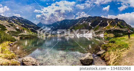 Crystal clear alpine lake with mountain reflections in High Tatras 134882068