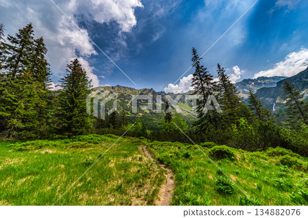 Hiking trail leading to high mountain peaks under a dramatic sky Hiking trail leading to high mountain peaks under a dramatic sky 134882076