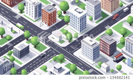 Clean isometric view of a city block in flat vector style. 134882141