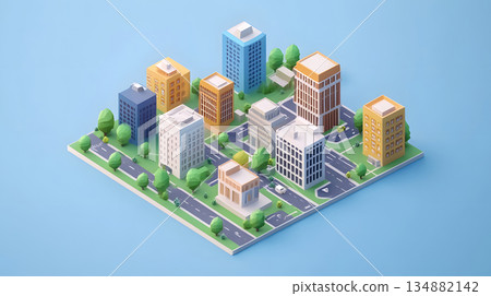Clean isometric view of a city block in flat vector style. 134882142