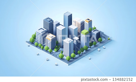 Clean isometric view of a city block in flat vector style. 134882152