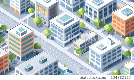 Clean isometric view of a city block in flat vector style. 134882153