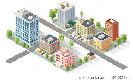 Clean isometric view of a city block in flat vector style. 134882154