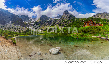 Panoramic view of Green Lake and mountain hut in High Tatras Panoramic view of Green Lake and mountain hut in High Tatras 134882265