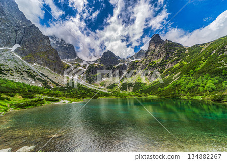 Panoramic view of Green Lake and mountain hut in High Tatras Panoramic view of Green Lake and mountain hut in High Tatras 134882267