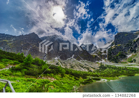 Panoramic view of Green Lake and mountain hut in High Tatras Panoramic view of Green Lake and mountain hut in High Tatras 134882268