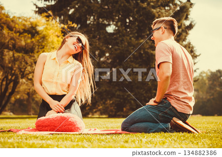 Cheerful couple having fun in park. Cheerful couple having fun in park. 134882386