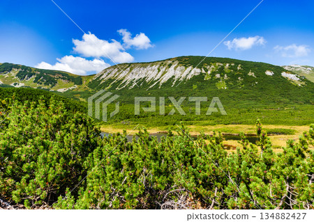 White limestone mountain slopes above a lake in High Tatras, Slovakia 134882427