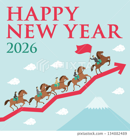 一張方形新年賀卡，圖案包括代表馬年的箭頭、富士山和騎馬的商人。男性領導者。 134882489