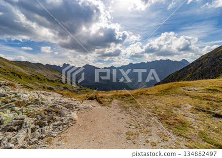High altitude mountain meadows and rocky peaks in High Tatras, Slovakia 134882497