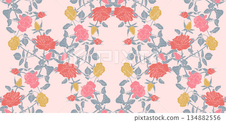 Vintage seamless pattern with hand drawn pink rose flowers on gray background Vintage seamless pattern with hand drawn pink rose flowers on gray background 134882556