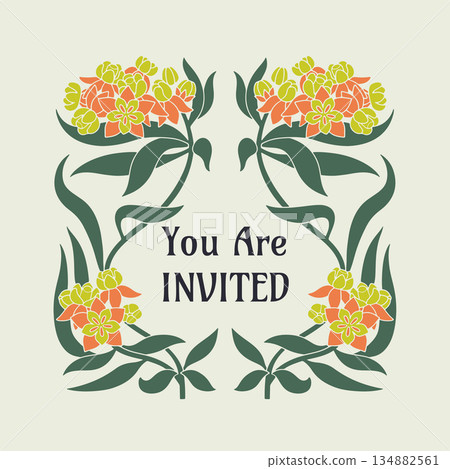 Hand drawn Art nouveau milkweed flowers and leaves frame. Vintage tropical botanical border card template with text you are invited Hand drawn Art nouveau milkweed flowers and leaves frame. Vintage tropical botanical border card template with text you are invited 134882561