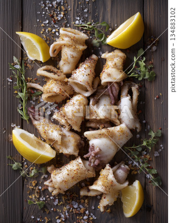 Gourmet Salt and Pepper Squid with Crispy Garlic and Lemon Wedges 134883102