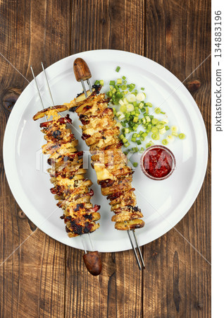Grilled vegetable bacon kebabs, summer barbecue. 134883196