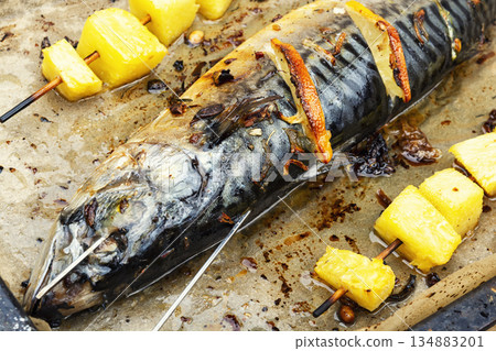 Tropical Grilled Mackerel Dish 134883201