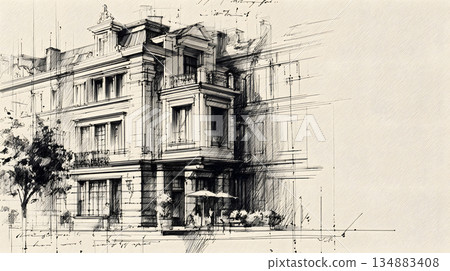 architectural sketch background with pencil-style drawing. 134883408