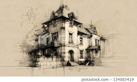 architectural sketch background with pencil-style drawing. 134883419