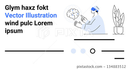 Artificial intelligence, virtual reality, neuroscience, e-learning, data visualization, healthcare technology. Man using VR headset analyzing brain imagery. Artificial intelligence and virtual 134883512