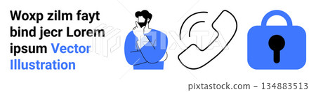 Data security, decision making, communication concepts, technology, customer support, problem solving. A person thinking, a phone symbol and a secure lock icon. Data security and decision making 134883513