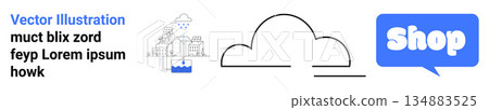 Digital commerce, online shopping, urban planning, store advertising, cloud technology, graphic templates. Speech bubble with shop text, cityscape line art and cloud graphic. Online shopping 134883525