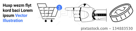 E-commerce, futuristic transactions, digital payments, AI technology, automation, retail. Shopping cart, robotic hand coin. E-commerce and futuristic transactions concept 134883530