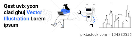 Remote work, smart technology, urbanization, artificial intelligence, digital solutions, communication. Woman working on laptop, robot waving near cityscape line art. Remote work and smart technology 134883535