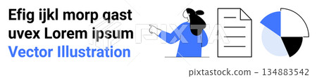 Business strategy, data analysis, presentation slides, infographic design, visual communication, education. Female character pointing to a document and pie chart. Business strategy and data analysis Business strategy, data analysis, presentation slides, infographic design, visual communication, education. Female character pointing to a document and pie chart. Business strategy and data analysis 134883542