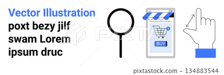 E-commerce, mobile shopping, user experience, online store, purchasing, digital marketing. Smartphone with cart icon, magnifying glass and click hand gesture. E-commerce and mobile shopping concept E-commerce, mobile shopping, user experience, online store, purchasing, digital marketing. Smartphone with cart icon, magnifying glass and click hand gesture. E-commerce and mobile shopping concept 134883544