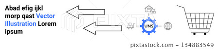 Warehouse logistics, supply chain, e-commerce operations, inventory management, global trade, retail services. Arrows pointing to shopping cart icon and warehouse system. Warehouse and e-commerce Warehouse logistics, supply chain, e-commerce operations, inventory management, global trade, retail services. Arrows pointing to shopping cart icon and warehouse system. Warehouse and e-commerce 134883549