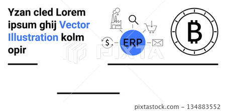 Business solutions, blockchain technology, cryptocurrency, ERP integration, e-commerce, finance. Graphic with ERP icon, Bitcoin symbol and other business-related elements. Business solutions Business solutions, blockchain technology, cryptocurrency, ERP integration, e-commerce, finance. Graphic with ERP icon, Bitcoin symbol and other business-related elements. Business solutions 134883552