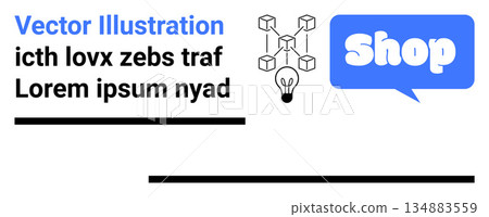 Online shopping, digital marketing, innovation, retail development, e-commerce platforms, and ideas. Molecule network and lightbulb near speech bubble with Shop text. Online shopping and digital 134883559