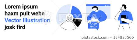 Cashback programs, data analysis, financial planning, business strategy, marketing, e-commerce. A pie chart, a person holding cashback label and a person noting details. Cashback programs and data 134883560