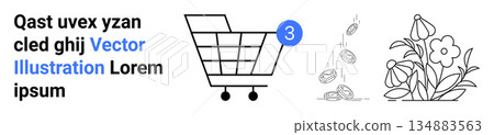 E-commerce, money transactions, notifications, shopping, savings, floral designs. A shopping cart with a notification badge, coins falling and a floral illustration. E-commerce and savings concepts E-commerce, money transactions, notifications, shopping, savings, floral designs. A shopping cart with a notification badge, coins falling and a floral illustration. E-commerce and savings concepts 134883563