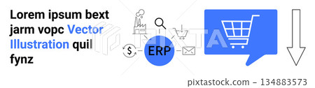 Business operations, ERP software, e-commerce, process automation, supply chain, communication. A shopping cart icon, ERP and supply chain symbols combined. ERP software and e-commerce integration 134883573