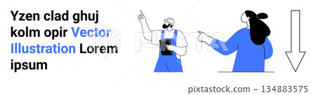 Collaboration, decision-making, teamwork, analysis, guidance, communication. Two individuals pointing and discussing ideas with text elements and an arrow. Collaboration and decision-making concept 134883575