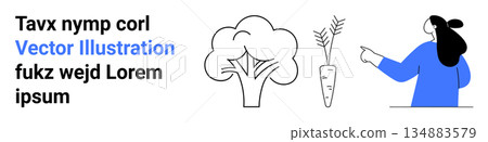 Nutrition, healthy diet, education, food awareness, health promotion, visual learning. Woman pointing at outlined broccoli and carrot. Nutrition and healthy diet concept Nutrition, healthy diet, education, food awareness, health promotion, visual learning. Woman pointing at outlined broccoli and carrot. Nutrition and healthy diet concept 134883579