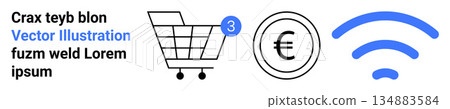 E-commerce, digital payment, online shopping, internet marketing, retail applications, connectivity. Shopping cart with notification icon, euro symbol and wireless signal. E-commerce and digital E-commerce, digital payment, online shopping, internet marketing, retail applications, connectivity. Shopping cart with notification icon, euro symbol and wireless signal. E-commerce and digital 134883584