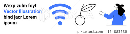 Technology, communication, eco-friendly concepts, internet connectivity, environmental awareness, user interface design. wireless signal shape, plant icon woman gesture illustration. Technology Technology, communication, eco-friendly concepts, internet connectivity, environmental awareness, user interface design. wireless signal shape, plant icon woman gesture illustration. Technology 134883586