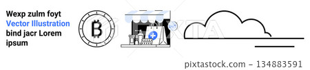 Cryptocurrency, e-commerce, medical services, blockchain, digital payments, cloud computing. Bitcoin coin icon, medical store and a cloud shape. Cryptocurrency and e-commerce concepts Cryptocurrency, e-commerce, medical services, blockchain, digital payments, cloud computing. Bitcoin coin icon, medical store and a cloud shape. Cryptocurrency and e-commerce concepts 134883591