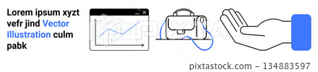 Business tools, e-commerce, financial tracking, digital security, mobile wallets, communication design. Includes line graph, bag with cord hand gesture blue rectangle. Business tools and e-commerce Business tools, e-commerce, financial tracking, digital security, mobile wallets, communication design. Includes line graph, bag with cord hand gesture blue rectangle. Business tools and e-commerce 134883597