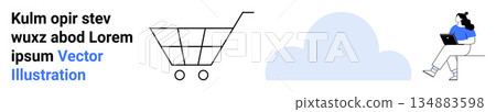 E-commerce, cloud computing, remote work, digital business, online technology, collaboration platforms. Shopping cart, cloud woman using laptop. E-commerce and cloud computing 134883598