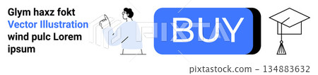 E-learning, online shopping, education, digital transactions, consumer behavior, business strategy. A person gesturing, buy button graduation cap icon. Online shopping and e-learning concept E-learning, online shopping, education, digital transactions, consumer behavior, business strategy. A person gesturing, buy button graduation cap icon. Online shopping and e-learning concept 134883632