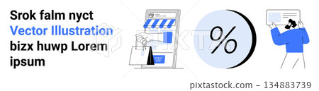 E-commerce solutions, digital transactions, online shopping, retail discounts, business promotions, digital analytics. A storefront, a percentage symbol and a user with a screen. Online shopping 134883739