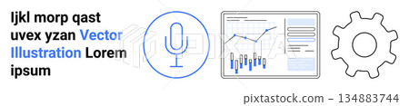 Analytics, audio technology, business insights, workflow management, software solutions, AI integration. Microphone icon, data graphs gear. Analytics and audio technology concept Analytics, audio technology, business insights, workflow management, software solutions, AI integration. Microphone icon, data graphs gear. Analytics and audio technology concept 134883744